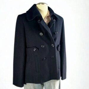 New Nine West navy double breasted wool blend collared button up pea coat 14